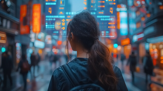 A girl standing and looking to the graphic, Meta verse,  blue background, virtual reality and blockchain