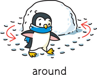 Preposition of movement. Penguin walk around the snowdrift