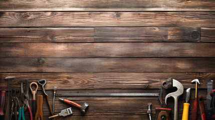 Rustic border over wood of assorted hand tools. - obrazy, fototapety, plakaty