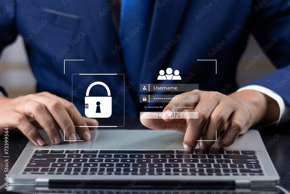Poster cyber security concept, user enters password to login to privacy and protect personal data, secure t