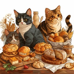 Purr-fect Bakery Haven Cats delight in a bakery's bread, cakes, and pastries, savoring a sweet feline paradise of baked treats