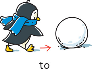 Preposition of movement. Penguin goes to the snow