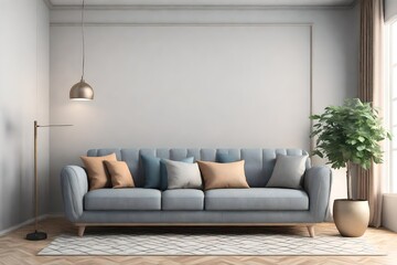 Living room interior has sofa in 3d rendering. Front view of sofa and plant in 3d rendering