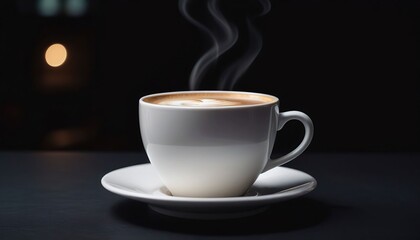 A coffee in a white cup with a dark background