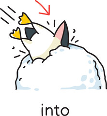 Preposition of movement. Penguin jumps into a snow - 733996030