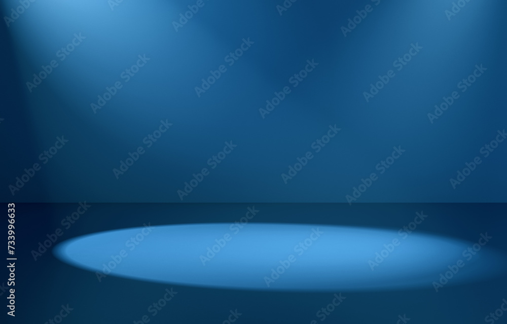 Poster empty blue space illuminated by spotlight. 3d computer graphic template of displaying place for your