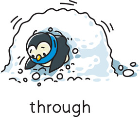 Preposition of movement. Penguin climb through a snowdrift. - 733996663