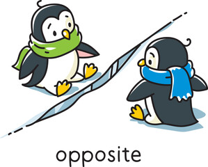 Preposition of movement. Two penguins are sitting opposite each other