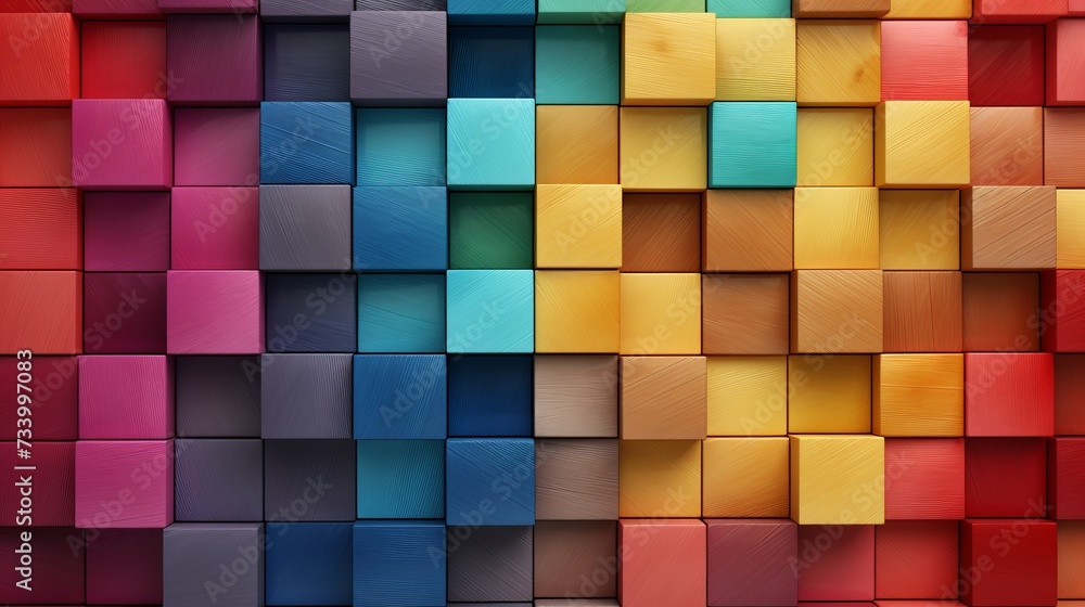 Poster vividly arranged wooden blocks creating an abstract 3d style background with vibrant colors