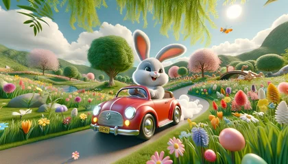 Gordijnen bunny driving a car in a spring paradise wallpaper © Qrisio