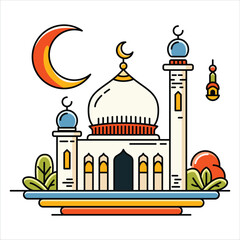 A vibrant illustration of a mosque with line art style and flat color, perfect for Ramadan, Eid, and Islamic event.