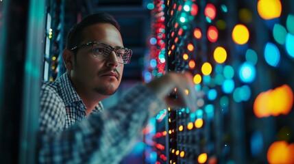 Computer engineer fixing server rack in a data center