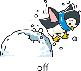 Preposition of movement. Penguin is OFF the snowdrift - 733997057