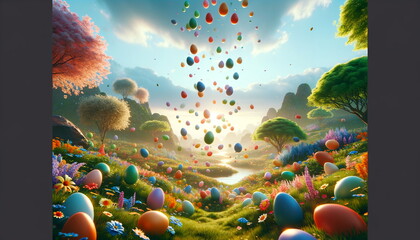 Fototapeta na wymiar colorful eggs falling from the sky in a spring paradise landscape. wallpaper