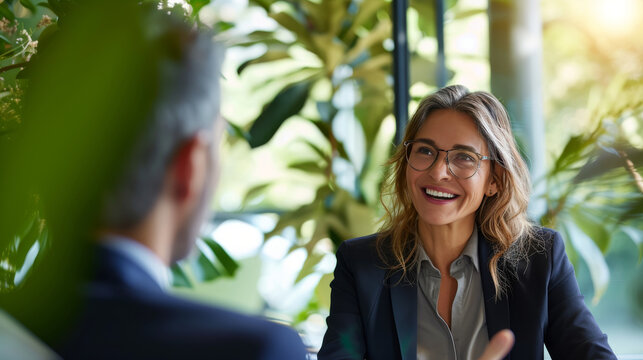 Financial advisor and client in a peaceful office with plants and sunlight