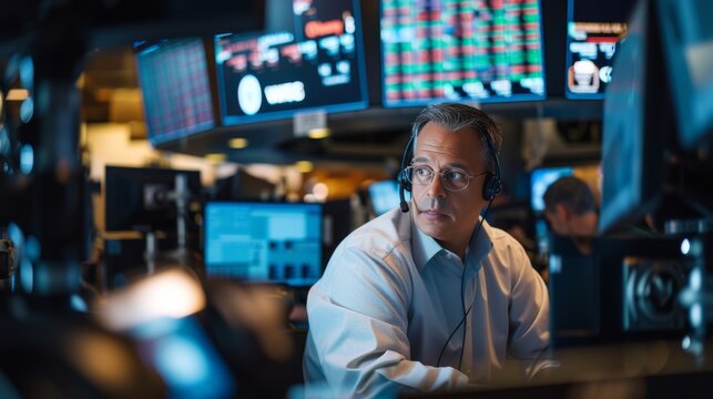Financial Journalist Covering Stock Market Activity from Exchange Floor with Traders and Screens.