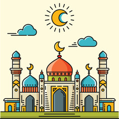 A vibrant illustration of a mosque with line art style and flat color, perfect for Ramadan, Eid, and Islamic event.