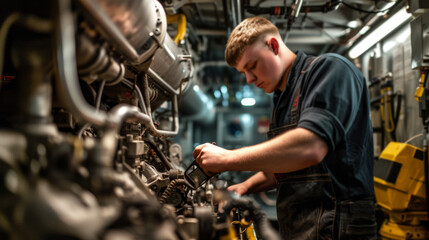 Fototapeta na wymiar Marine Engineer Maintaining Diesel Engine in Engine Room with Tools.