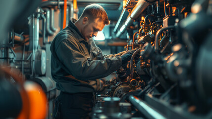 Diesel Engine Maintenance Marine Engineer with Tools in Engine Room.