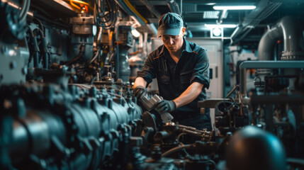 a marine engineer conducting maintenance on a marine diesel engine
