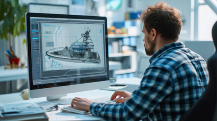 Marine engineer using CAD software to design yacht propulsion system