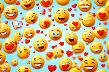 Emoji Happy loving face with red hearts. Emotion 3d cartoon icon. Yellow round emoticon. Vector illustration