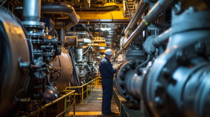 Marine Engineer in Engine Room Inspection of Machinery and Pipes on Cargo Ship.