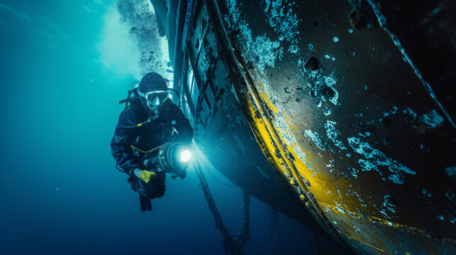 Marine Engineer Operating ROVs for Underwater Inspection of Ship Hull with Cameras and Sensors.