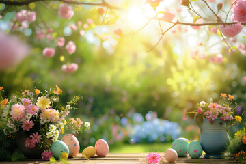 Happy easter background wallpaper, eggs color in the spring garden in the morning with flowers