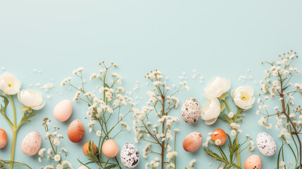 easter eggs and flowers and decoration on pastel color background