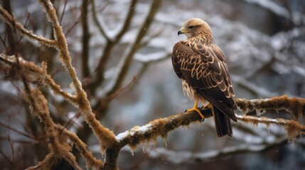 Black kite, Milvus migrans, sitting on the tree during winter in Japan. Forest in background, wildlife from. generate AI