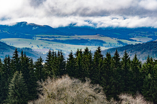 Wolken verdichten den Himmel , im Vordergrund bilden Tannen einen Kreis am Abgrund dahinter das unsagbar sch&ouml;ne Tal