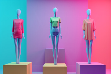 mannequins on the catwalk in summer clothes against the backdrop of a bright interior, demonstration of the summer clothing collection