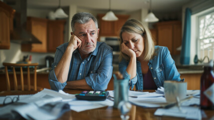 Worried couple calculating their investment results at a dining table with financial documents.