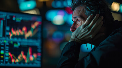 Fototapeta premium Fluctuating stock prices on computer screen causing trader stress and despair