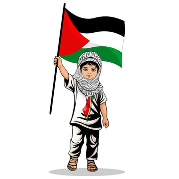 Child from Gaza, little Boy with Keffiyeh and holding a flying kite symbol of freedom Vector illustration isolated on White
