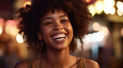 Black woman with perfect teeth laughing at camera, Front view portrait of a beautiful black woman with perfect teeth laughing - obrazy, fototapety, plakaty