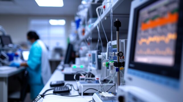 Biomedical engineering team calibrating and testing medical devices in a laboratory