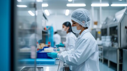 Food engineers conducting shelf-life studies and packaging analysis in a lab