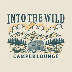 camper illustration van graphic design forest badge mountain vintage outdoor logo adventure - obrazy, fototapety, plakaty