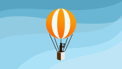 businessman in a hot air balloon looking through a spyglass, business analytics concept, color flat illustration