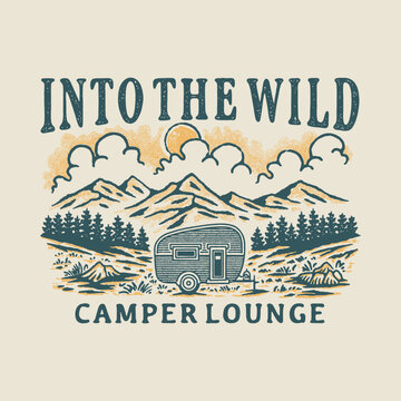camper illustration van graphic design forest badge mountain vintage outdoor logo adventure