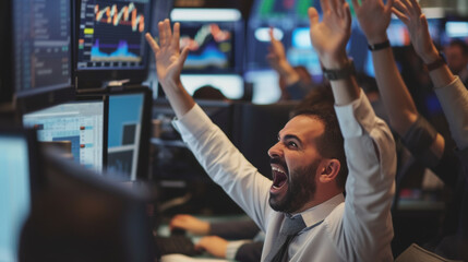 Man Stock traders in action on a busy exchange floor