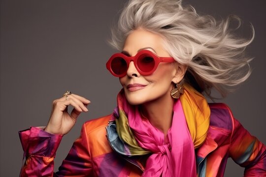 Fashion portrait of a beautiful woman in bright clothes and sunglasses.
