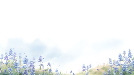 Background illustration with blue flowers on a hill - obrazy, fototapety, plakaty