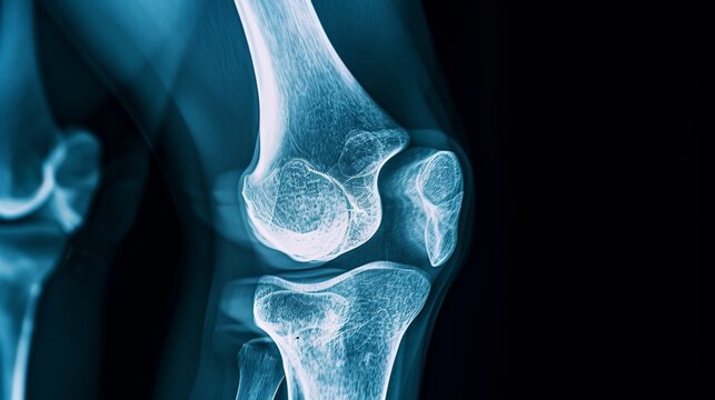 Knee X-ray showing patella, femur, tibia, and fibula bones and ligaments.
