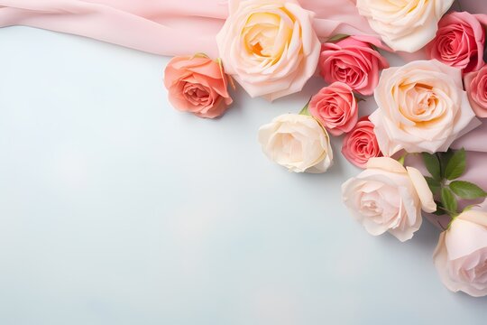 A high-definition photo of roses from above, set against a soothing pastel background for easy text insertion.