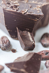 Cocoa beans with chocolate on a white background. Shalllow dof.