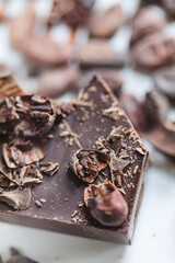 Cocoa beans with chocolate on a white background. Shalllow dof.