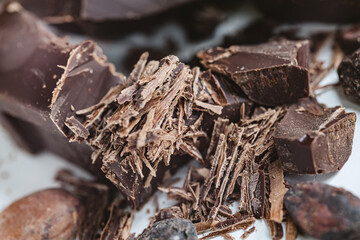 Cocoa beans with chocolate on a white background. Shalllow dof.